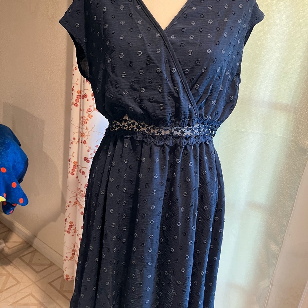 SHEIN Dark Blue Midi Dress with Embroidered Waist